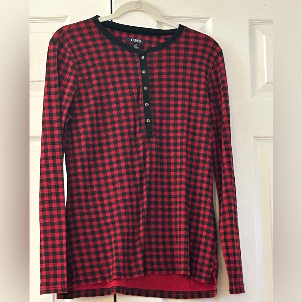 Chaps Womens L Large Henley Shirt Red Black Buffalo Plaid Long Sleeve Top Blouse